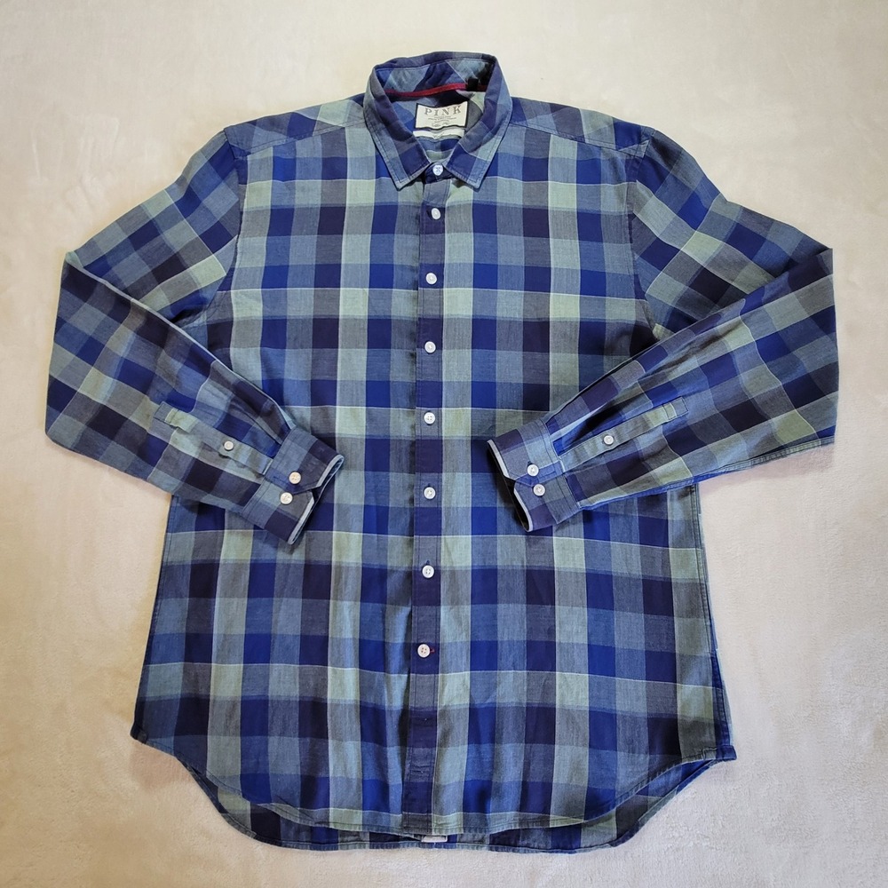 Thomas Pink Button Down Shirt Mens XL Blue Green Plaid‎ Slim Fit Herringbone